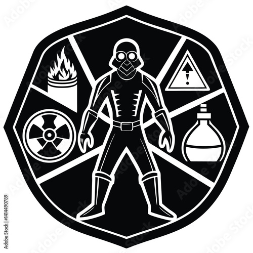 HAZMAT Suit Icon: Black and White Vector Illustration of Hazardous Materials, Radiation, Chemical, and Fire Warning Symbols for Safety Signage