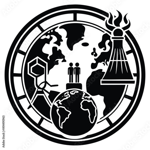 Black and White Global Future Icon: World, Virus, Nuclear Plant, People, Earth - Vector Illustration for Science and Technology Concepts