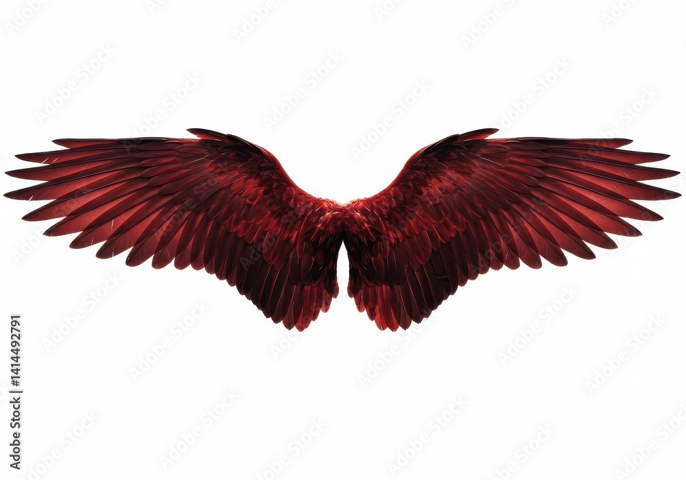 Obraz premium A pair of symmetrical red wings spread wide open against a plain white background in a studio shot
