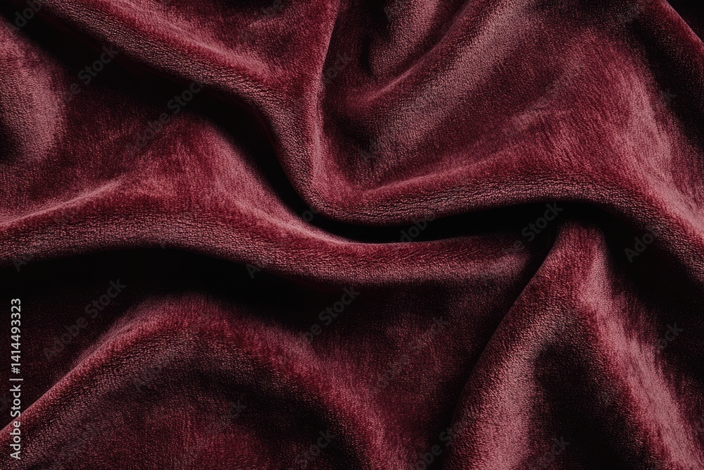 Fototapeta premium Luxurious dark red velvet fabric with soft, flowing drapes and a rich texture.