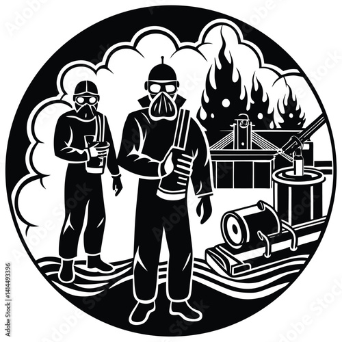 Firefighters in Hazmat Suits Responding to Industrial Fire Black and White Vector Illustration Emergency Services Safety Equipment