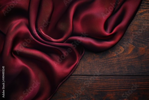 Luxurious burgundy silk fabric draped elegantly on a dark wooden surface.
