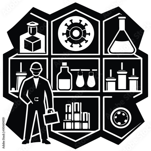 Black and White Vector Illustration of Pharmaceutical Manufacturing, Science, and Industry Icon Set with Worker and Equipment