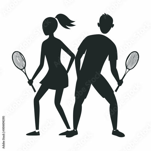 Dynamic vector silhouettes of a male and female badminton player in athletic action poses. Both figures are depicted mid-game with rackets and shuttlecock, showcasing motion, energy, and competitive 