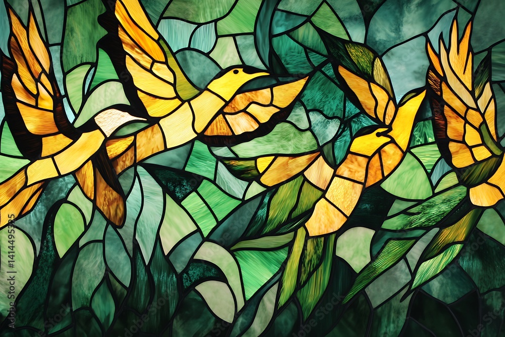 Stunning Stained Glass Artwork Featuring Birds in Flight with Soft, Flowing Color Tones.