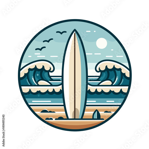 Stylish surfboard standing on the beach with crashing waves in a vibrant vector illustration