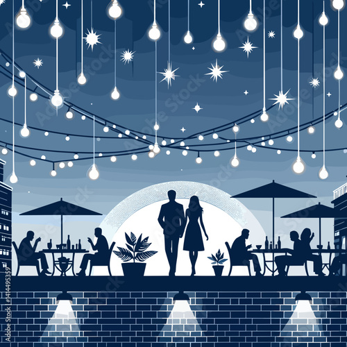 Romantic evening at a rooftop restaurant with twinkling lights in a serene vector illustration