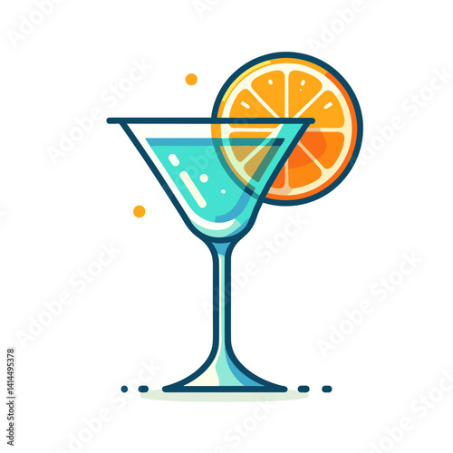 Refreshing cocktail in a glass garnished with an orange slice in a colorful vector illustration