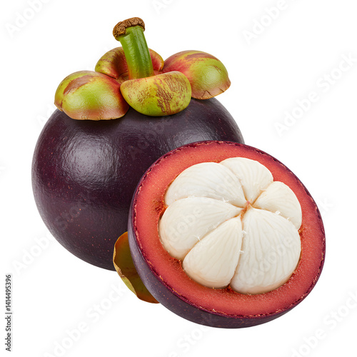 Mangosteen Fruit Whole and Cut Isolated Showing White Segments Inside