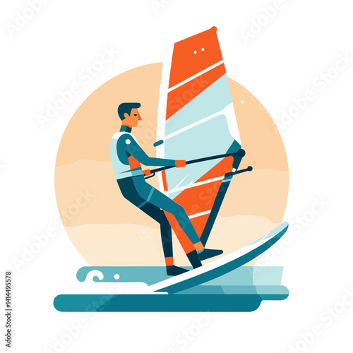 Windsurfer gliding across the water during sunset in a dynamic vector illustration