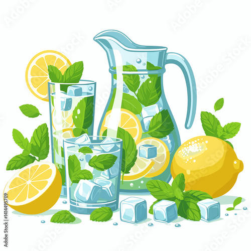 Crisp lemonade pitcher and glasses decorated with lemon slices and fresh mint in a vibrant vector illustration