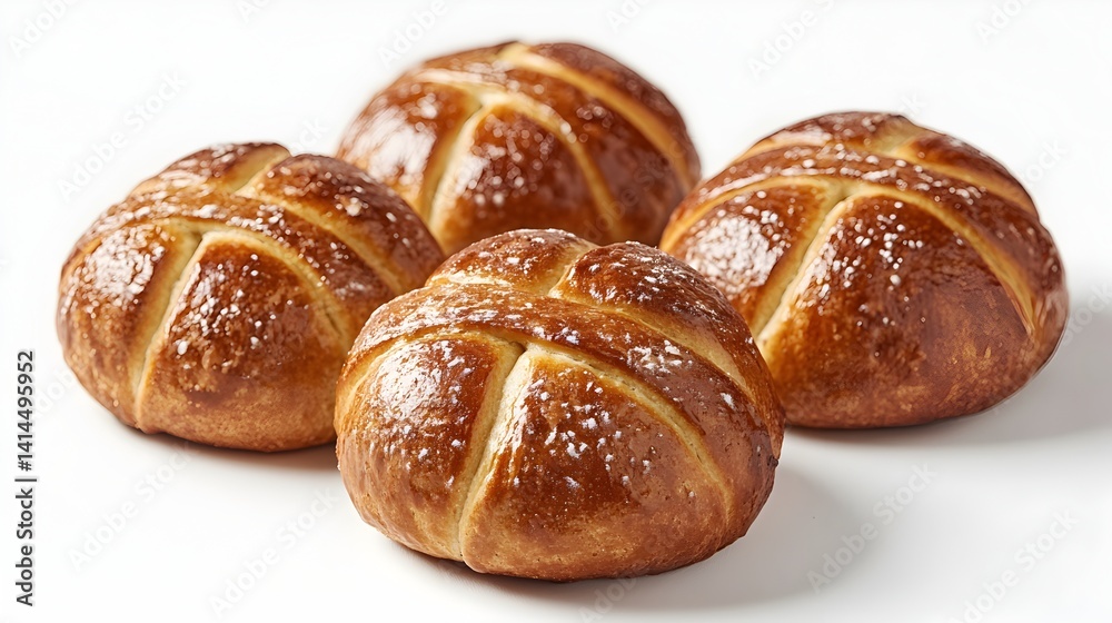 Four golden brown artisan bread rolls with a unique crosshatch top dusted with flour sit on a white background. Four golden brown artisan bread rolls with a unique crosshatch top dusted with flour sit on a white background.