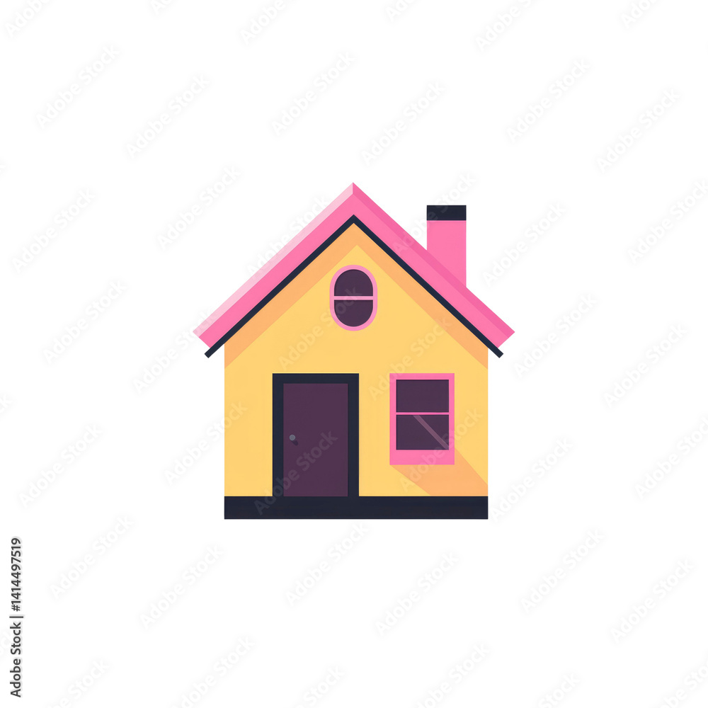 Fototapeta premium Cute Yellow House with Pink Roof - Flat Design Home Icon