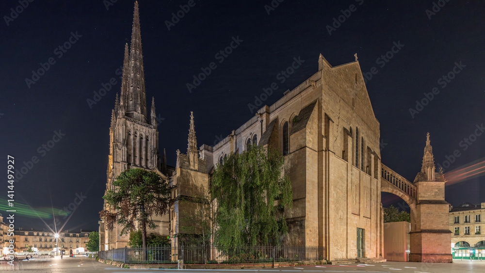 Fototapeta premium Cathedrale Saint-Andre de Bordeaux night timelapse hyperlapse with twin spires. France