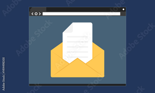 Incoming Email in a browser window. Minimalist flat style vector illustration depicting yellow envelope with a white document, positioned inside a browser window