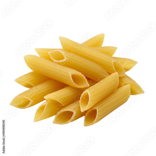 Heap of uncooked penne pasta on a white surface close up