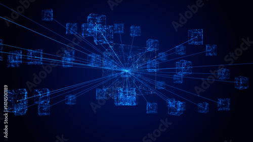 Digital blockchain concept. Blocks square code big data connection with Distributed ledger technology with dots and lines. 3D rendering