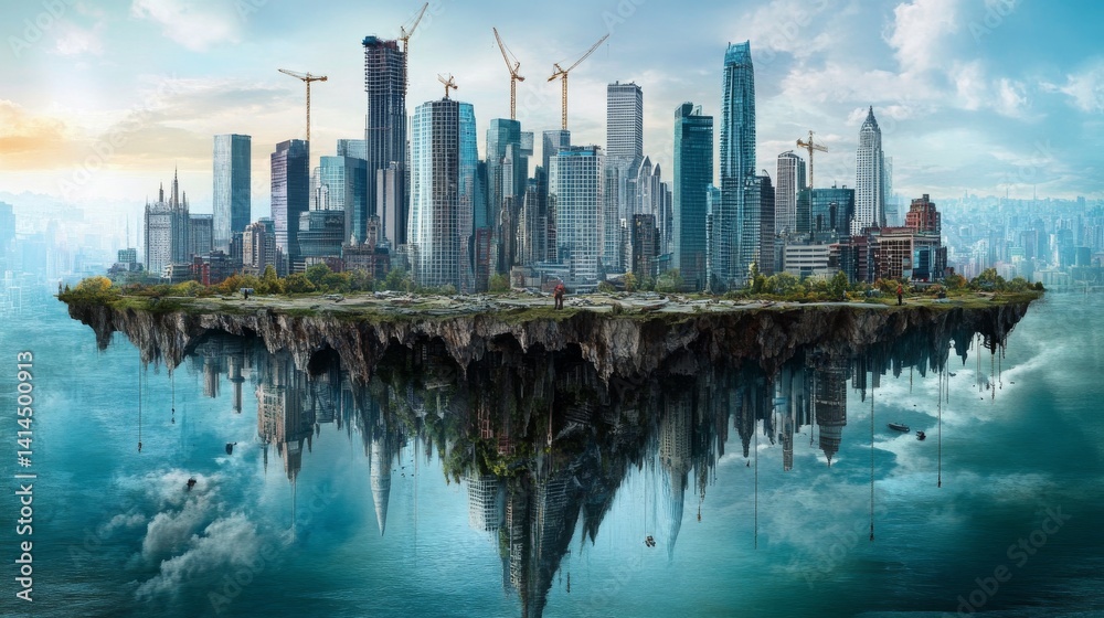 Fototapeta premium A city is floating in the air with a blue sky in the background