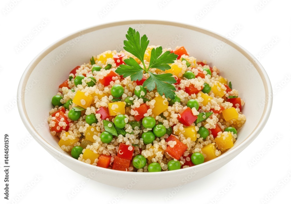 Close up of quinoa salad with peas peppers and parsley in a white bowl on a white background Close up of quinoa salad with peas peppers and parsley in a white bowl on a white background