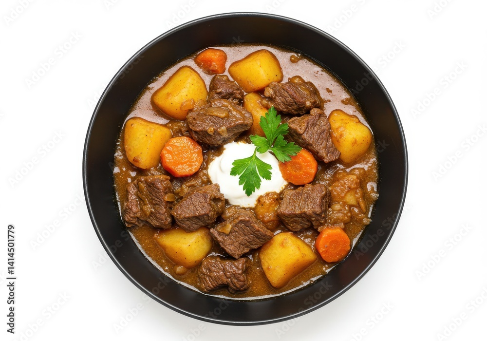 A top view of a bowl of beef stew with potatoes carrots and a dollop of cream on a white background A top view of a bowl of beef stew with potatoes carrots and a dollop of cream on a white background