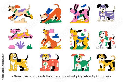 A vibrant collection of twelve uniquely patterned cartoon dogs in various playful poses. Features bold outlines and abstract color combinations for a whimsical and modern aesthetic.