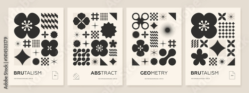 Postmodern geometric vertical banner set. Abstract composition with vector shapes in brutalism aesthetics. Mosaic of brutal figures in trendy color retro. Futuristic cards with modernist ornament