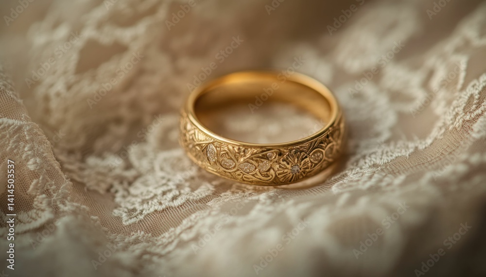 Intricate golden ring resting on delicate lace fabric with soft illumination Intricate golden ring resting on delicate lace fabric with soft illumination
