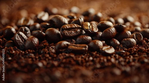 Close up of coffee beans on a table. The beans are scattered and some are piled up. Concept of warmth and comfort, as coffee is often associated with relaxation and socializing