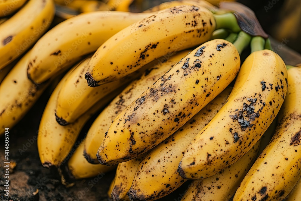 A bunch of ripe bananas with black spots on the skin A bunch of ripe bananas with black spots on the skin