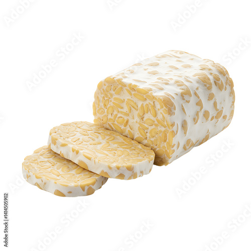 Sliced Fresh Tempeh Block Isolated on White Background in Studio