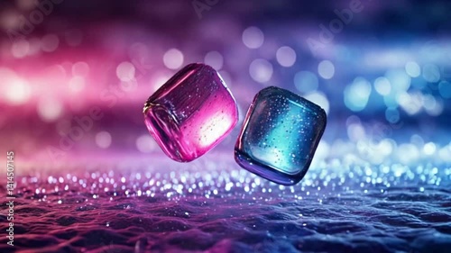 Two small cubes of ice are on a table with a blue background. The cubes are surrounded by glitter, giving the impression of a sparkling, magical scene