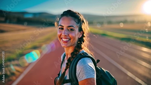 Woman with a backpack is smiling at the camera on a track. The scene is bright and sunny, and the woman is enjoying her time outdoors