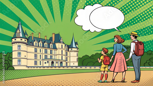 Family visiting castle in comic style on green background with speech bubbles and copy space for cultural tourism ads and vacation planning