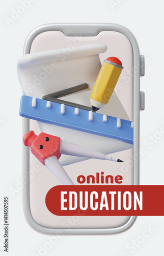 Online education 3D poster vector advertising design, geometric and mathematic education school supplies in smartphone