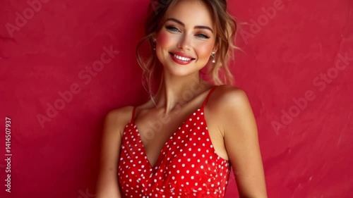 Smiling brunette woman, joyful mood, looking at the camera against a vibrant red background.