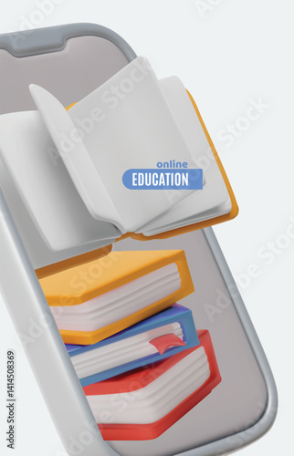 Online education 3D style poster vector advertising design, books, literature in smartphone screen, electronic library
