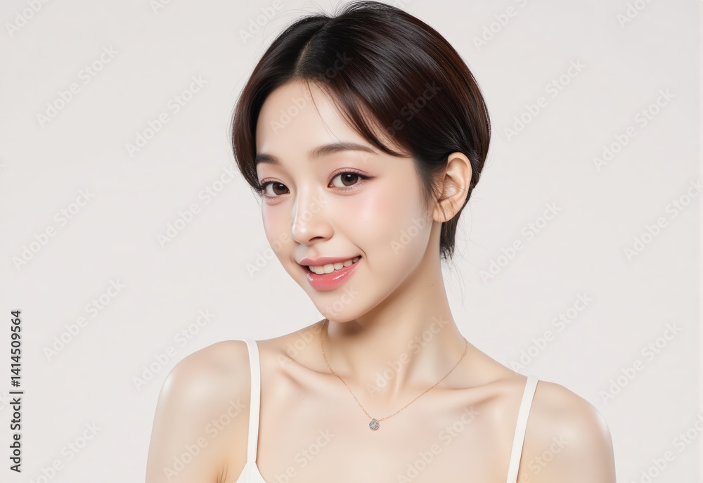A beautiful skincare woman with a messy bun hairstyle smiles charmingly while wearing a sexy tank top against a clean white background A beautiful skincare woman with a messy bun hairstyle smiles charmingly while wearing a sexy tank top against a clean white background