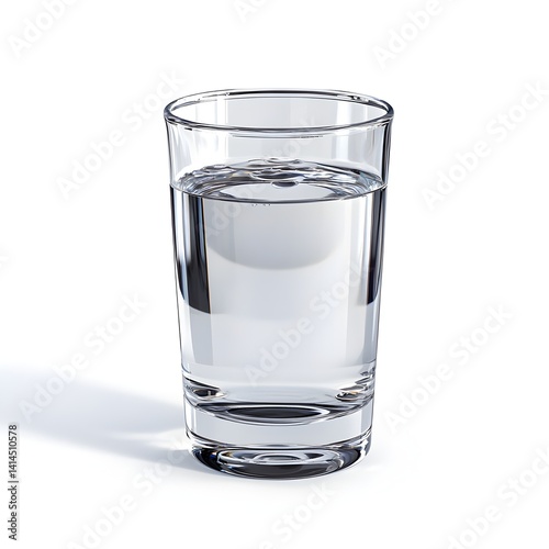 A clear glass of pure refreshing water sits on a white background casting a subtle shadow.