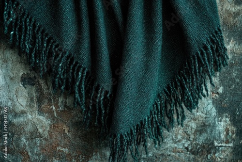 Dark teal fringed shawl draped against a textured wall.