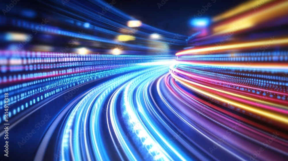 Abstract Speed of Data: Digital Highway of Light Trails and Binary Code