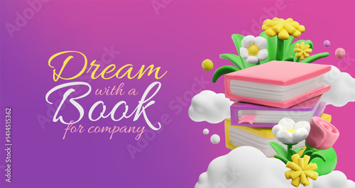 Dream with a book 3D vector banner design with flowers and clouds, library education shop, cartoon booklover concept