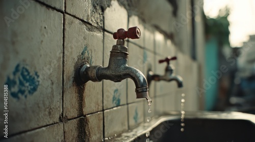 A dripping faucet stands against aged, timeworn tiles, narrating tales of everyday life, highlighted by morning light and subtle nostalgia.