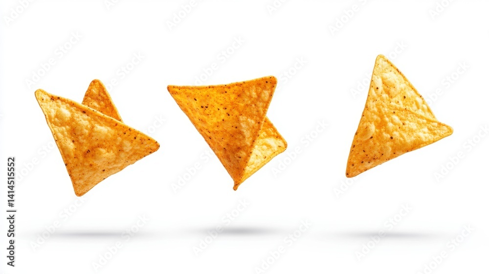 Three golden tortilla chips floating on a white background with soft shadows delicious snack for party Three golden tortilla chips floating on a white background with soft shadows delicious snack for party