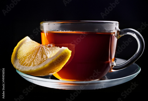 Una taza de cristal con una infusion de té caliente sobre un platillo con untrccito de limón aislada en fondo negro