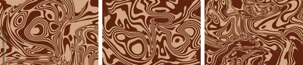 Chocolate pattern backgrounds. Abstract melting caramel cacao texture set. Vector cream milk coffee swirl. Liquid choco peanut bg. Psychedelic distorted trippy cocoa lines. Marble cake illustration