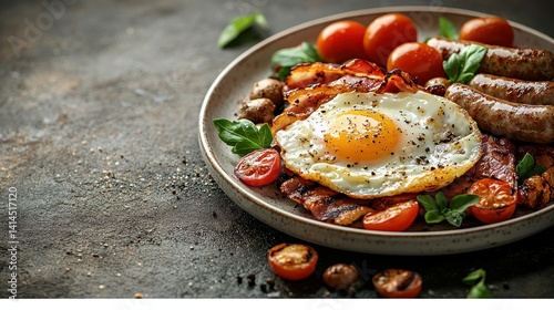 Hearty breakfast platter with fried egg, bacon, sausages, mushrooms, and cherry tomatoes photo