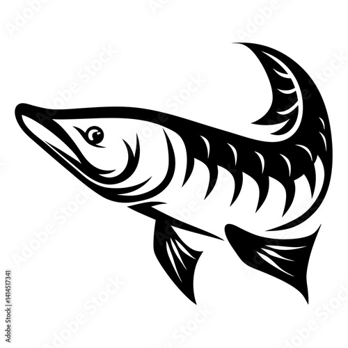 Stylized Black and White Muskie Fish Illustration with Elegant Design Elements