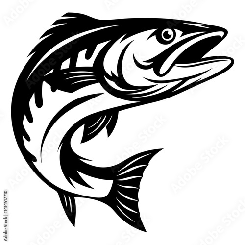 Dramatic monochrome salmon leaping out of the water illustration graphic design