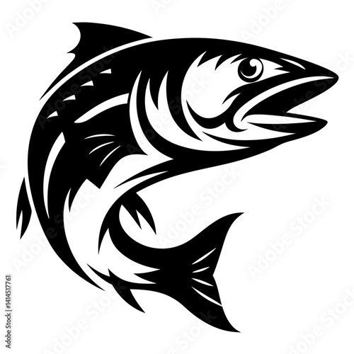 Bold black and white illustration of a leaping salmon in profile