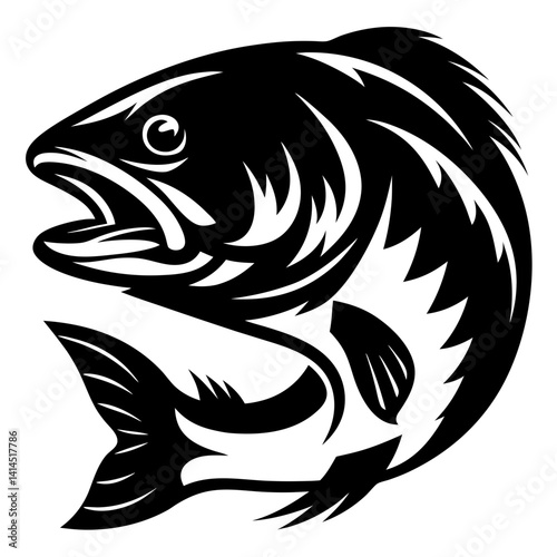 A dynamic black and white illustration of a largemouth bass fish leaping